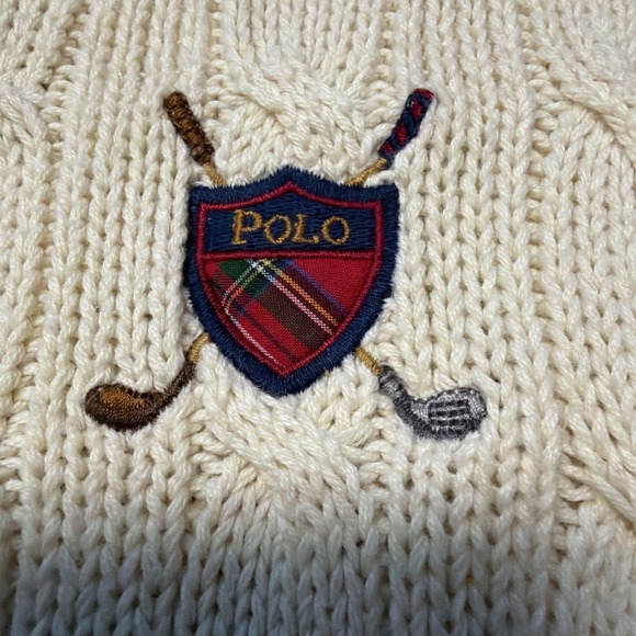 VTG 90s Polo Ralph Lauren Mens Large Cable Knit Cardigan V Neck Sweater Beige - Picture 2 of 7